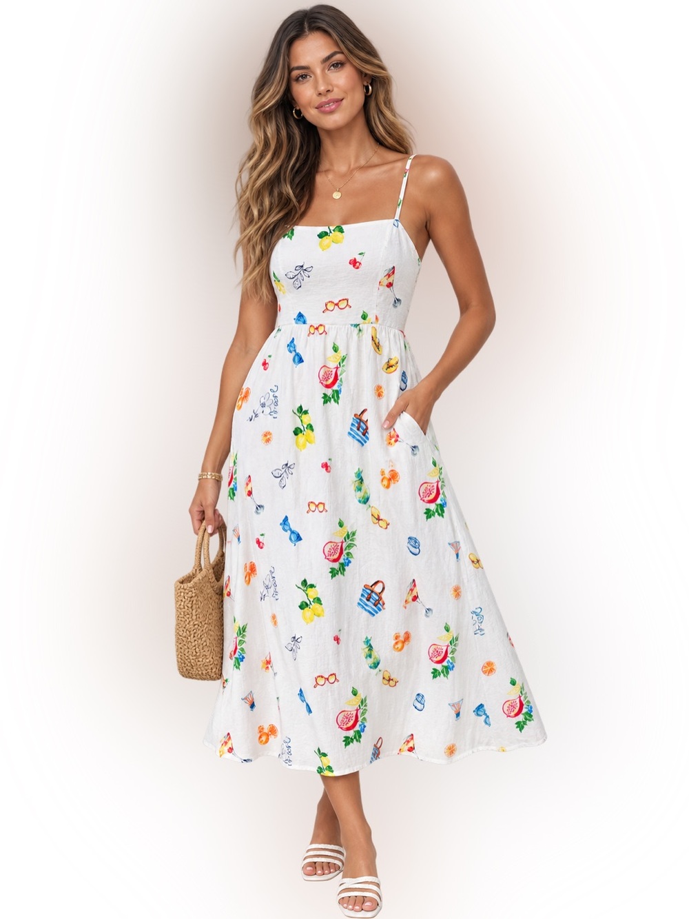 Rachel Zoe White Summer Vacay Print Midi Dress Fruit Sundress Smocked Strappy XS